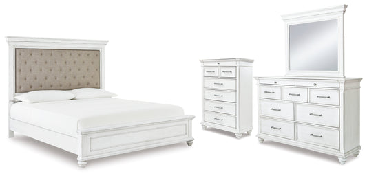 Kanwyn Cal King Upholstered Panel Bed, Dresser, Mirror and Chest