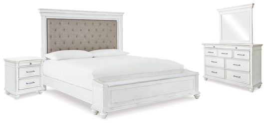 Kanwyn King Upholstered Storage Bed, Dresser, Mirror and Nightstand