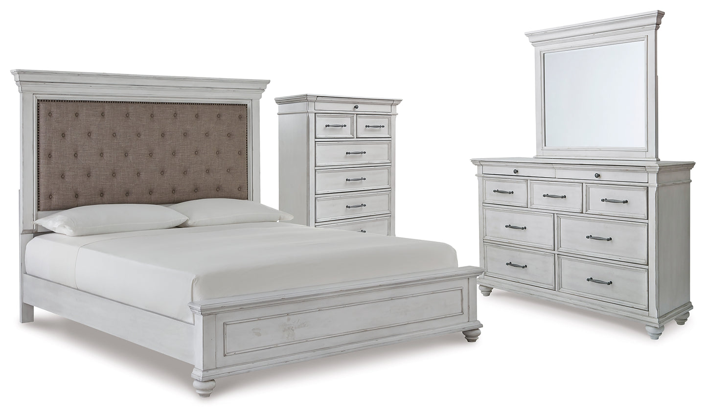 Kanwyn King Upholstered Panel Bed, Dresser, Mirror and Chest