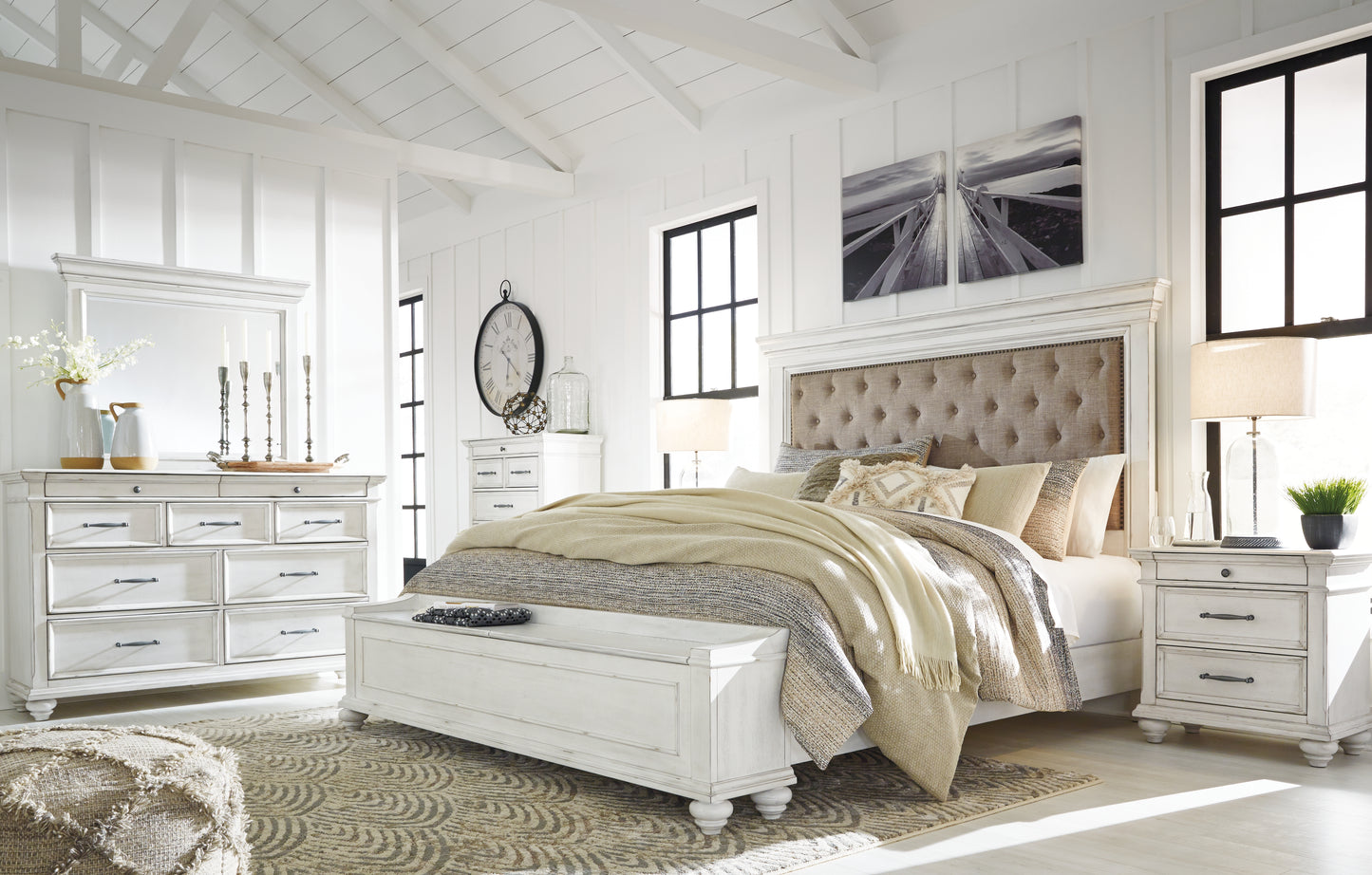 Kanwyn King Upholstered Storage Bed, Dresser, Mirror and Nightstand