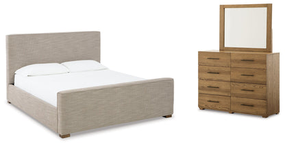 Dakmore King Upholstered Bed, Dresser and Mirror