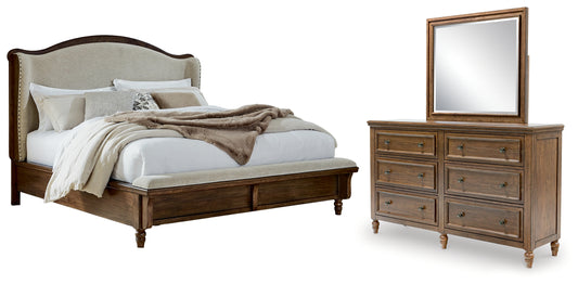 Sturlayne Queen Upholstered Panel Bed, Dresser and Mirror