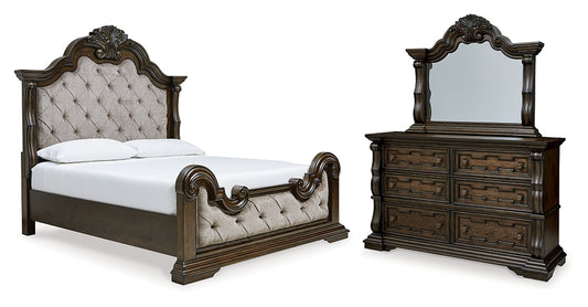 Maylee Queen Upholstered Bed, Dresser and Mirror