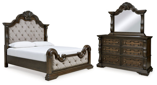 Maylee California King Upholstered Bed, Dresser and Mirror