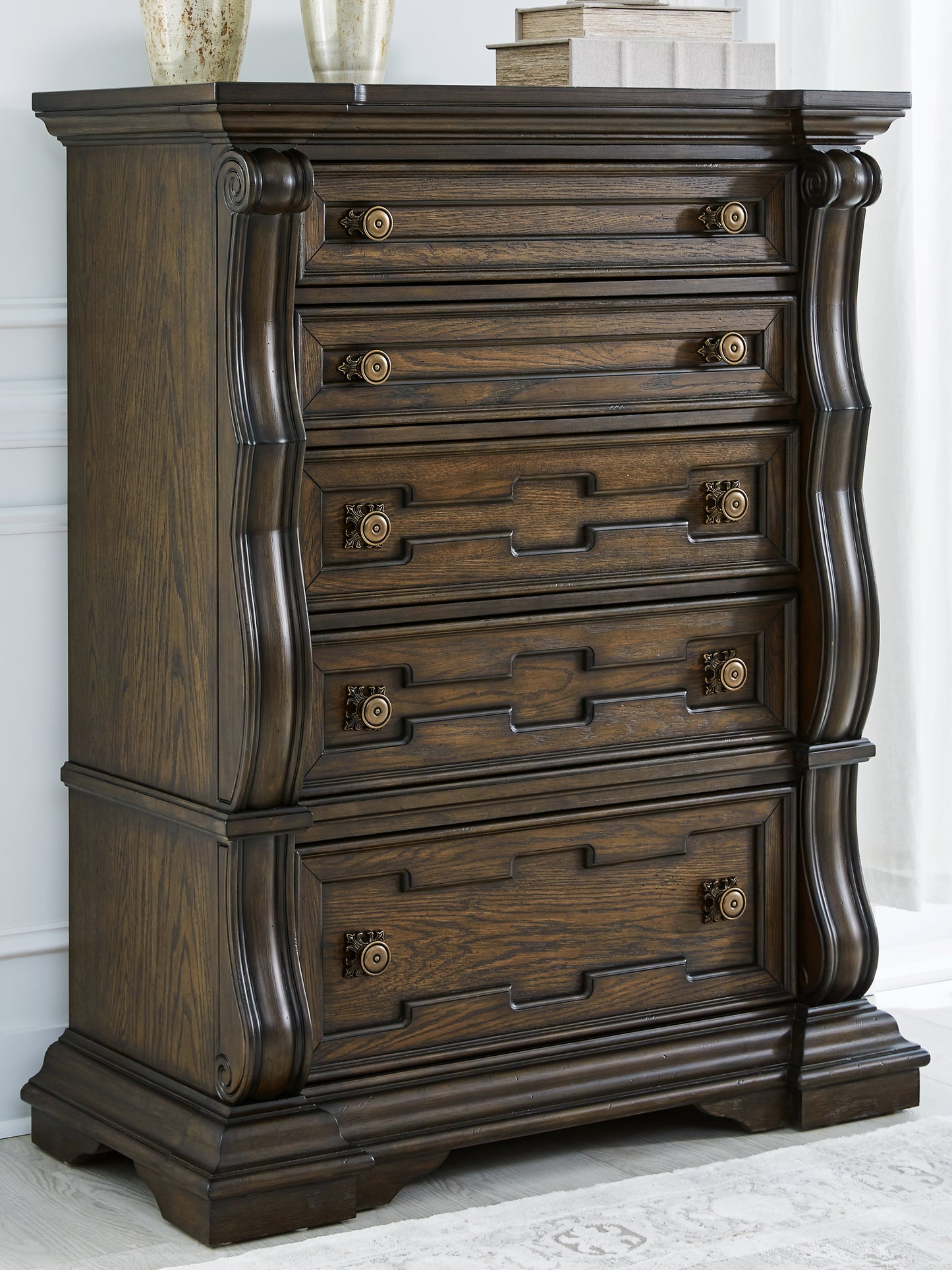 Maylee Queen Upholstered Bed, Dresser, Chest and Nightstand