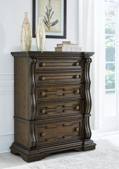Maylee King Upholstered Bed, Dresser, Mirror, Chest and 2 Nightstands