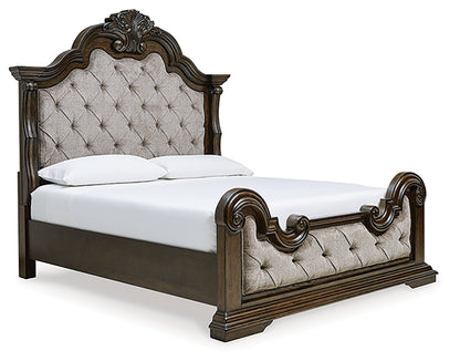 Maylee Queen Upholstered Bed, Dresser and Mirror