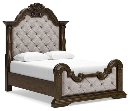 Maylee Queen Upholstered Panel Bed, Dresser, Mirror and Nightstand