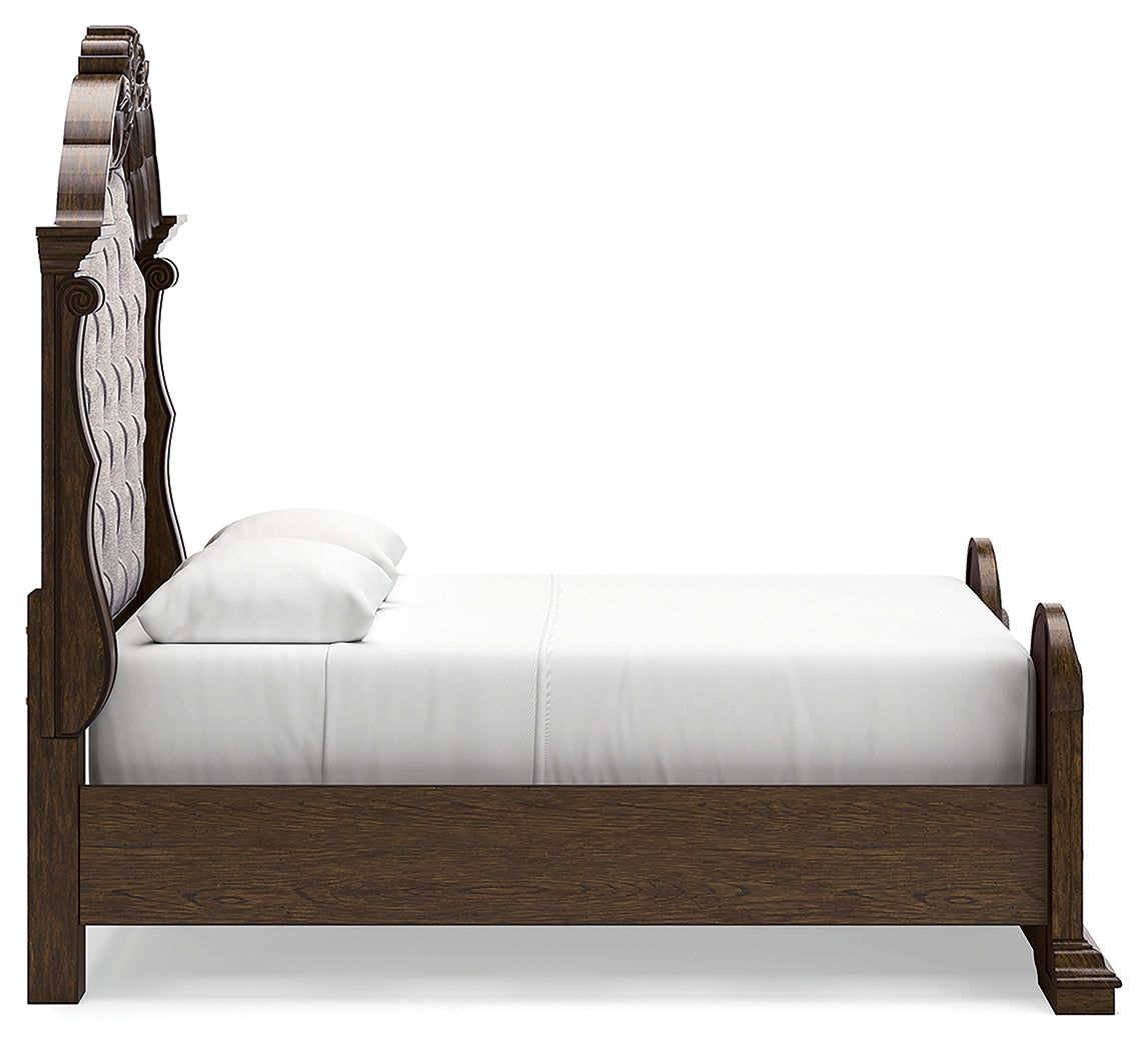 Maylee Queen Upholstered Panel Bed, Dresser, Mirror and Nightstand