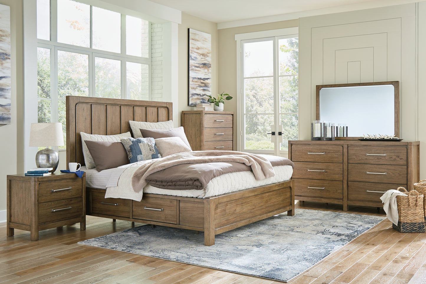 Cabalynn California King Panel Bed with Storage, Dresser and Mirror