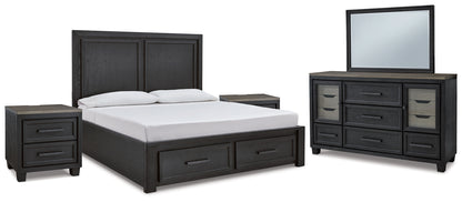 Foyland Queen Panel Storage Bed, Dresser, Mirror and 2 Nightstands