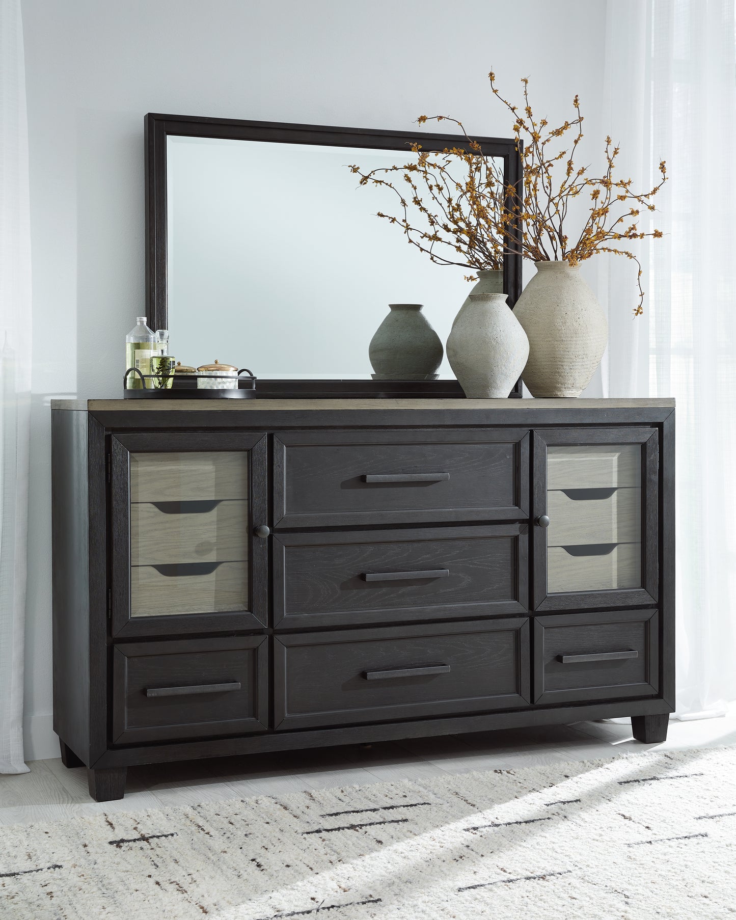 Foyland Queen Panel Storage Bed, Dresser, Mirror and 2 Nightstands