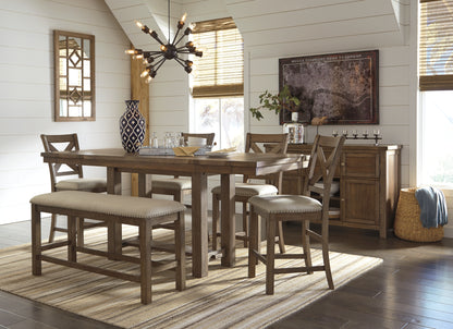 Moriville Counter Height Dining Table with 4 Barstools, Bench, and Server