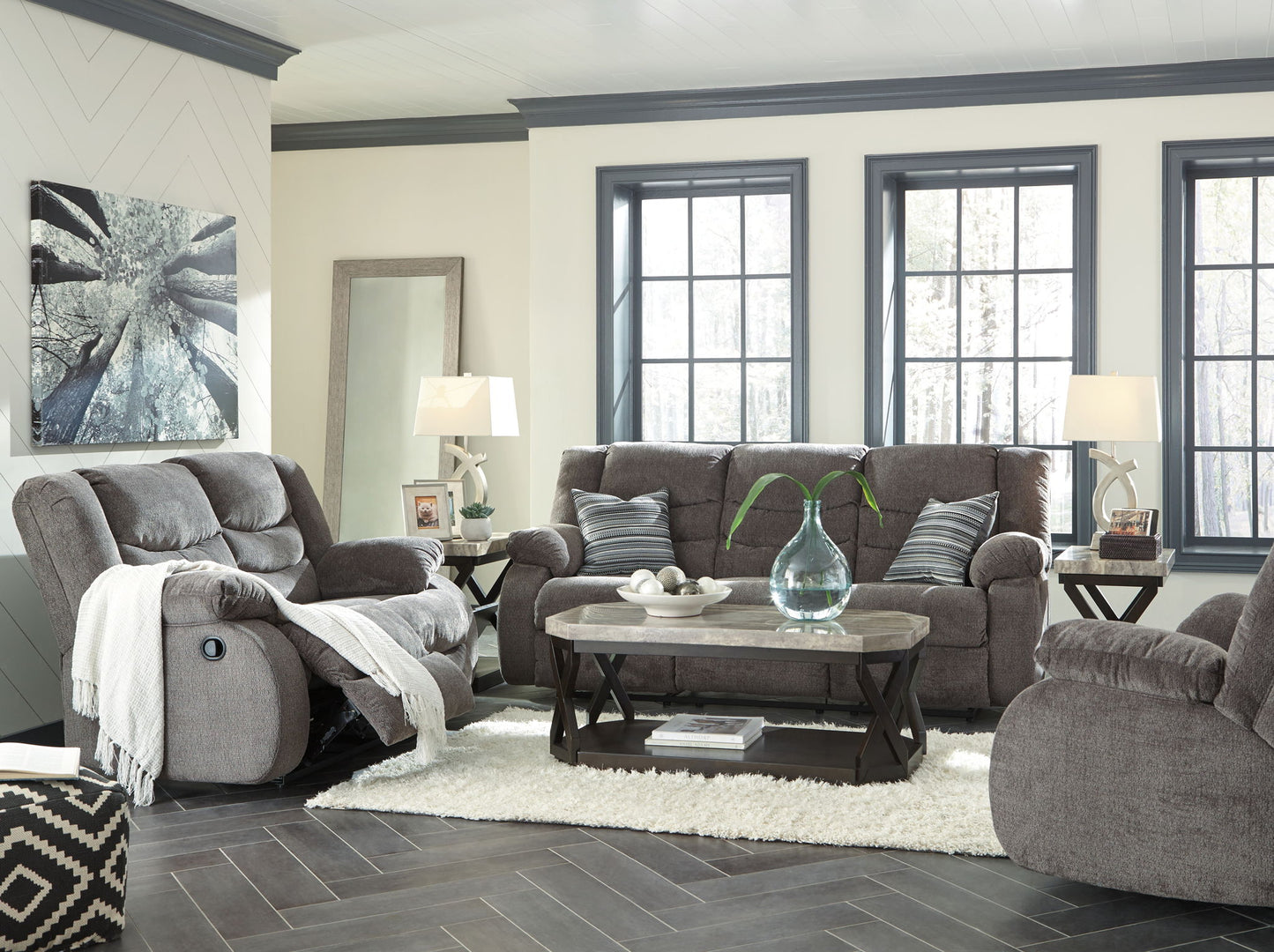 Tulen - 3 Pc. - Reclining Sofa, Reclining Loveseat, Rocker Recliner - Gray