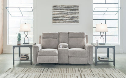 Barnsana - Dbl Power Reclining Loveseat with Console - Fabric - Ash