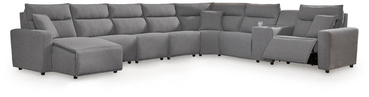 Modmax II - 8-Piece Power Reclining Sectional With LAF Press Back Power Chaise And Console - Salt And Pepper - Next-Gen Nuvella