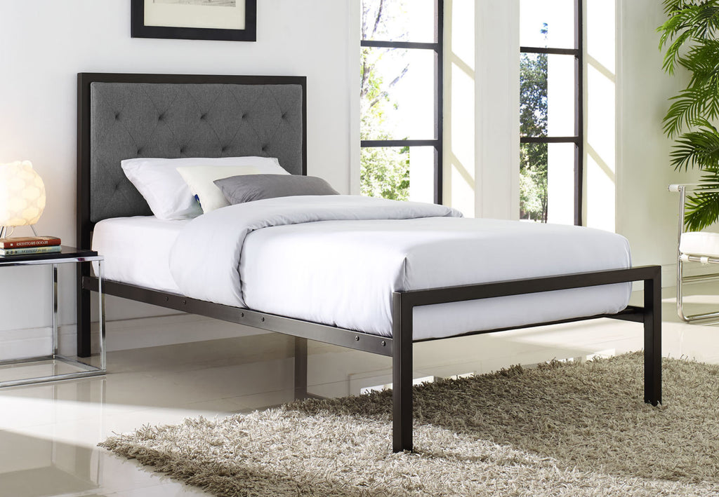 IF-5700 single platform bed with padded grey fabric headboard - mrfurnitureandmattress