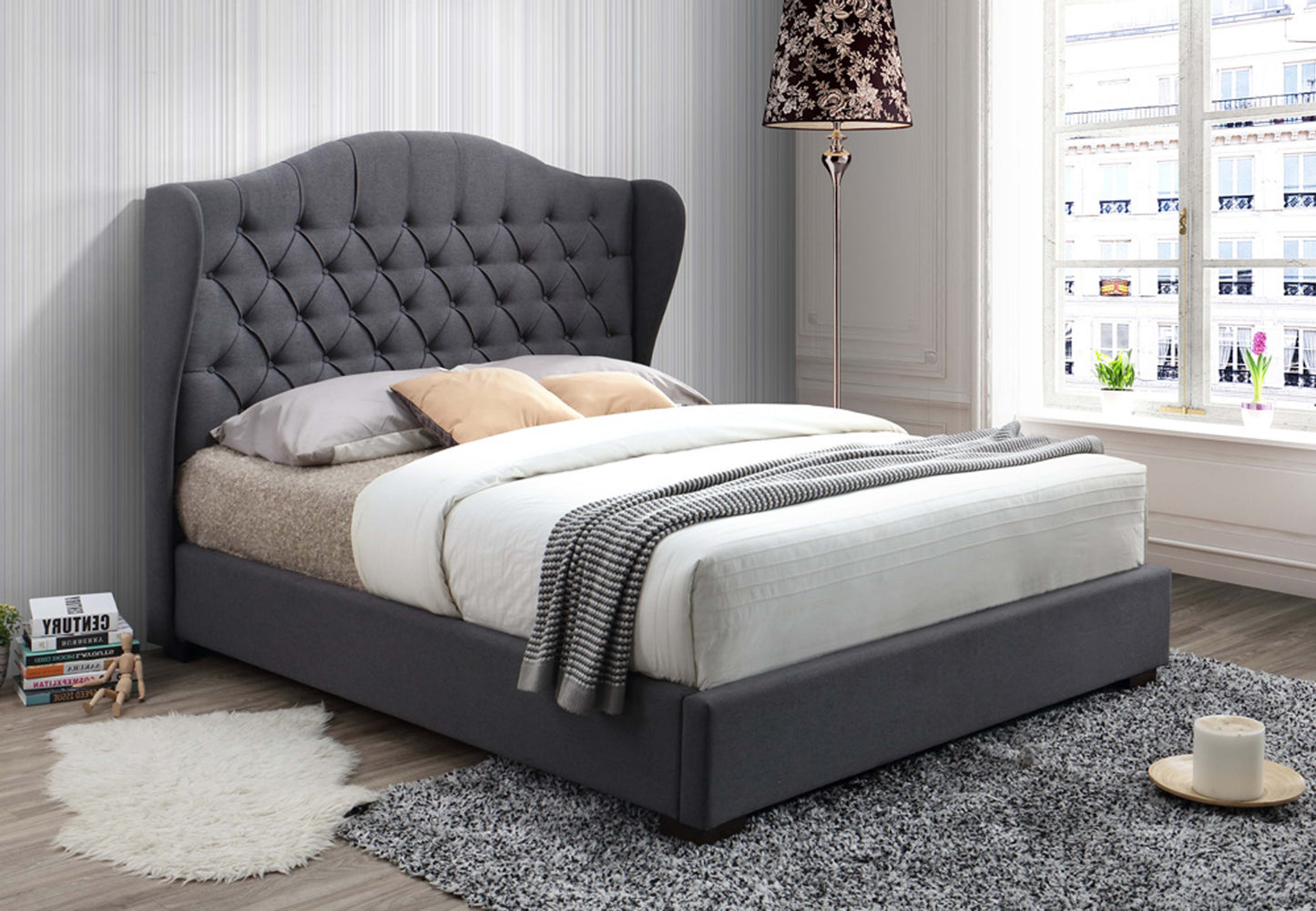 IF-5730 Platform bed grey fabric with mattress support - mrfurnitureandmattress